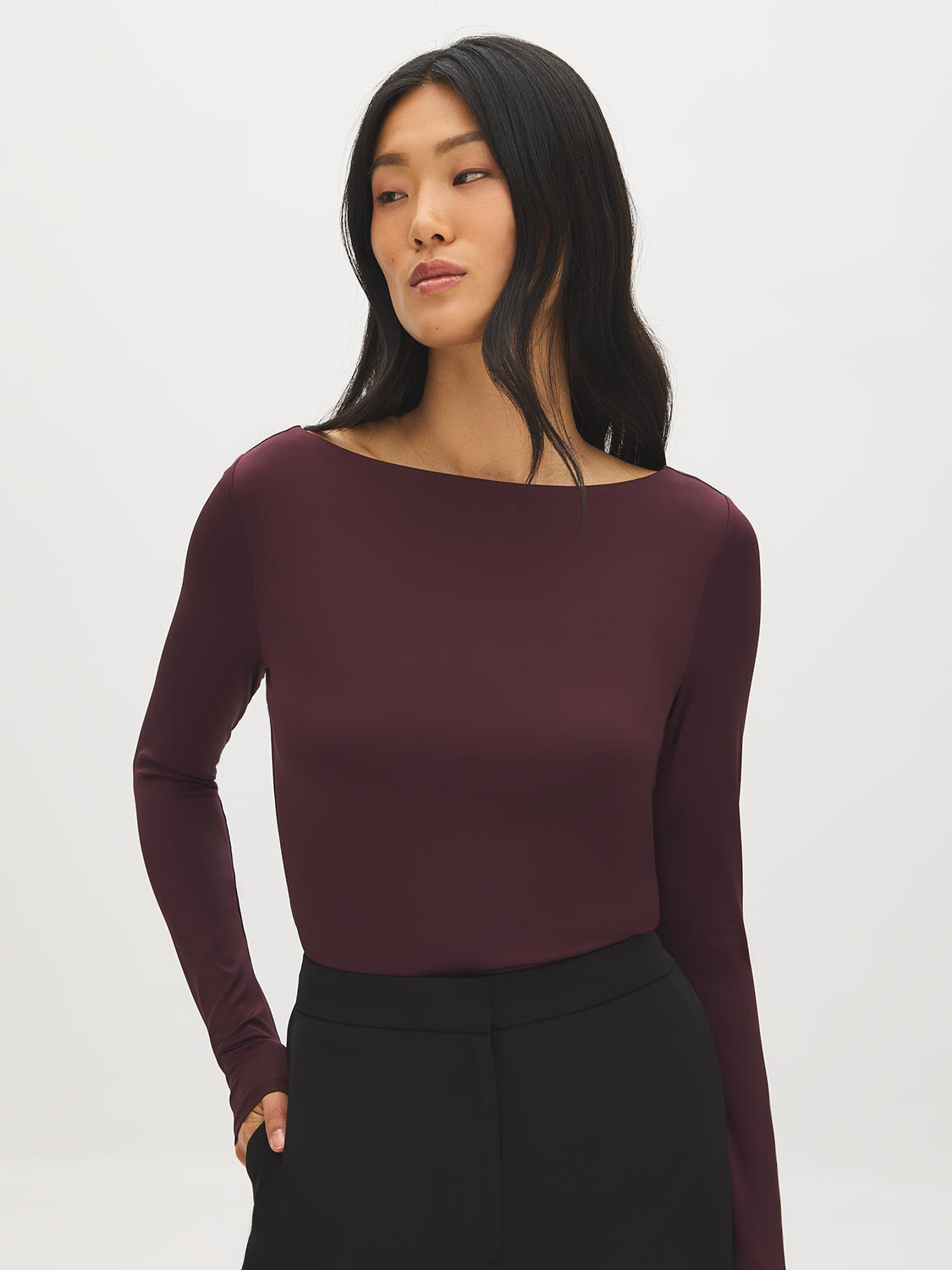 Jet Black Double Layer Boat Neck Top - Front View - Suzy Shier