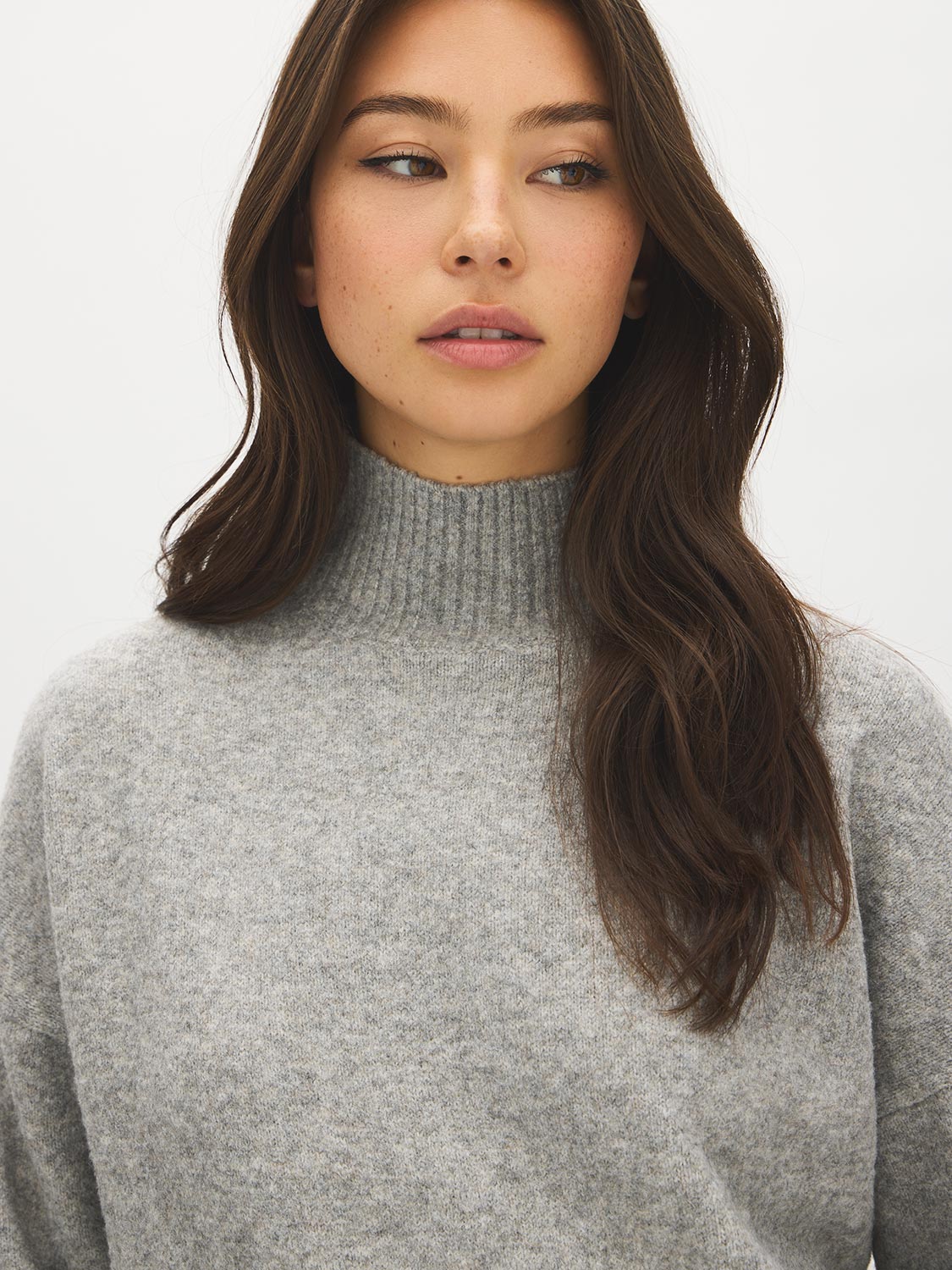 Space Grey Melange Mock Neck Knit Sweater - Close-up Fabric Detail - Suzy Shier