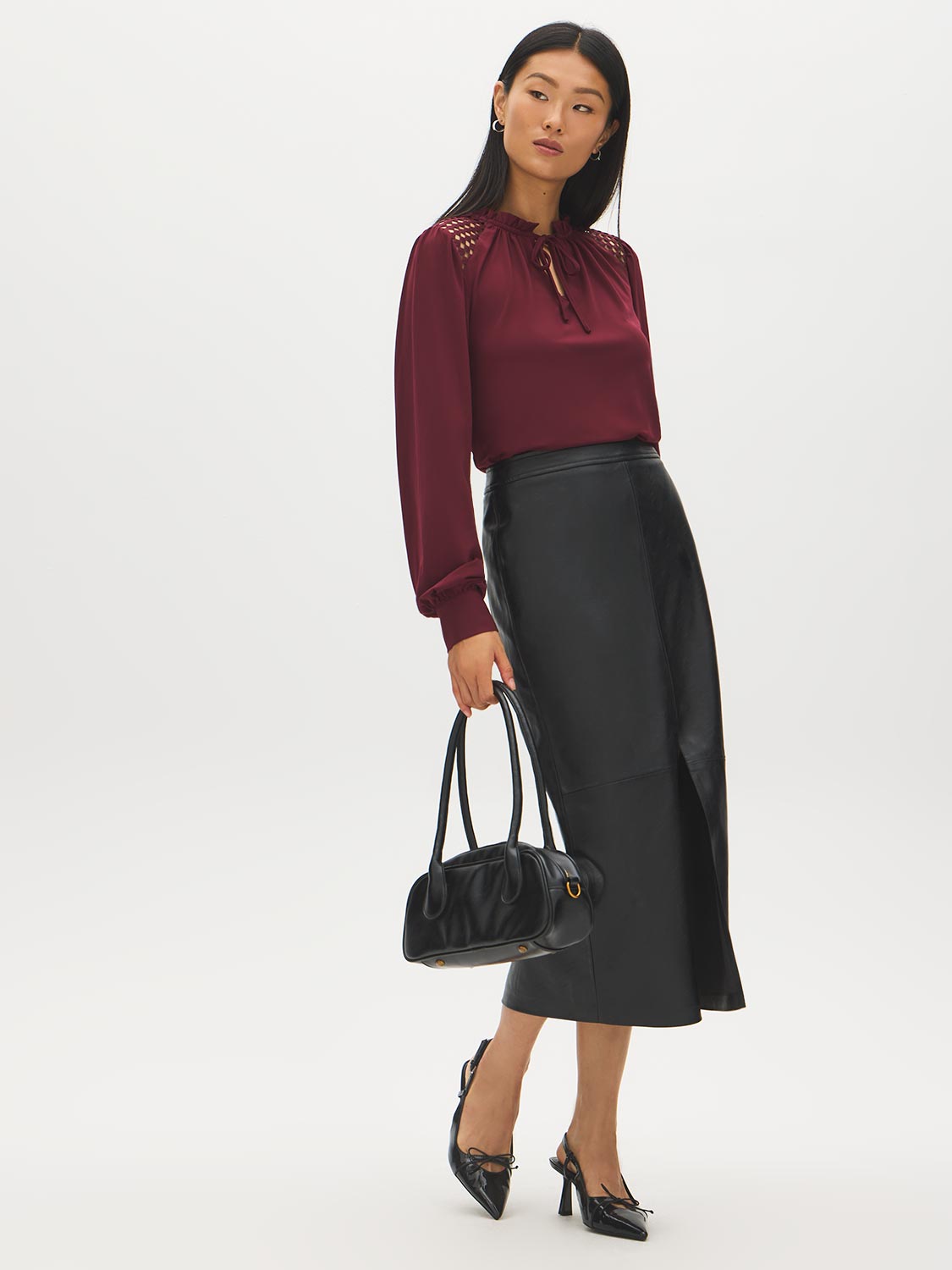 Zinfandel Balloon Sleeve Knit Top with Crochet Shoulders - Front View - Suzy Shier