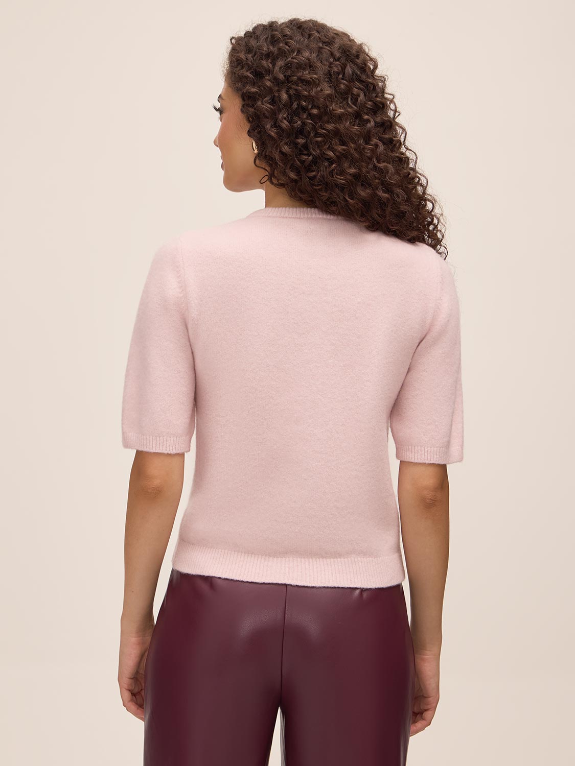 Pink Dust Short Sleeve Cardigan with Organza Bow - Back View - Le Chateau