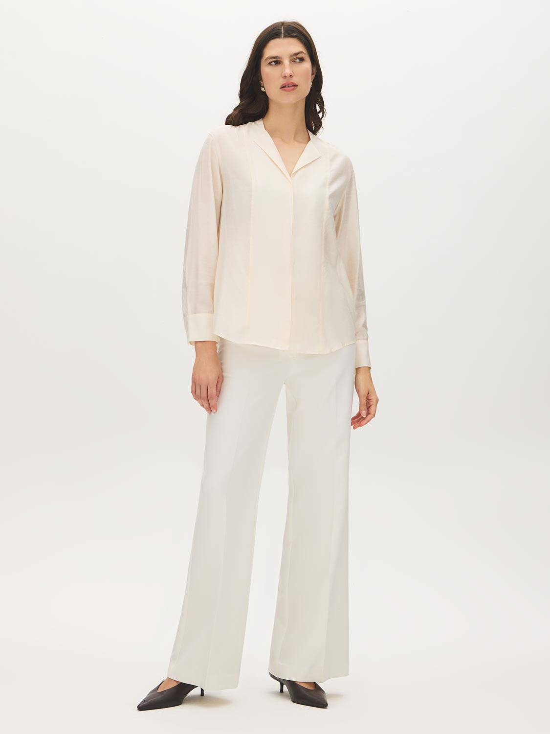 Winter White Relaxed Fit Notch Collar Tuxedo Blouse - Front View - Suzy Shier