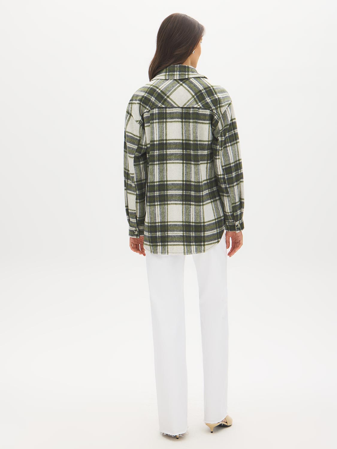 Khaki Plaid Shacket with Front Pockets - Back View - Suzy Shier