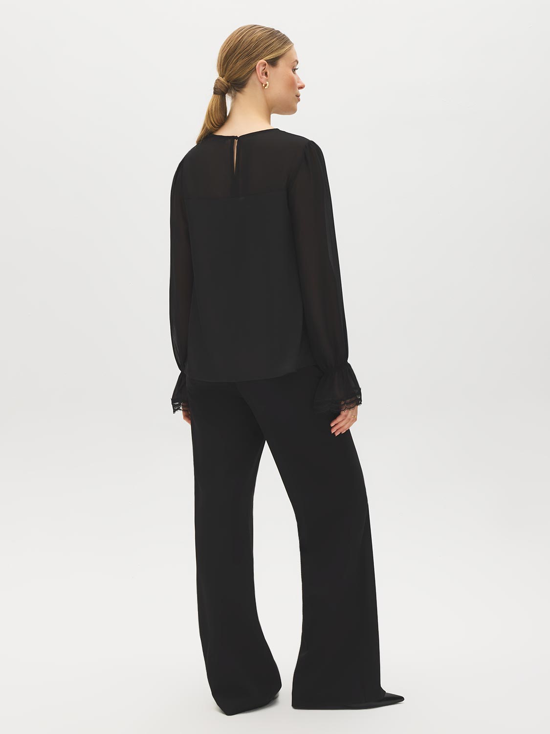 Black Lace Detail Chiffon and Satin-Like Blouse - Back View - Suzy Shier