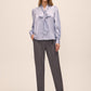 Steel Blue Floral Damask Tie Neck Bow Blouse - Full Body View - Le Chateau