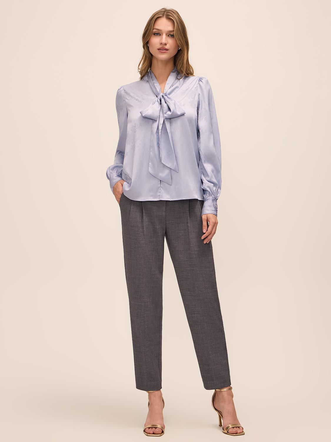 Steel Blue Floral Damask Tie Neck Bow Blouse - Full Body View - Le Chateau