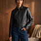 Black Vegan Leather Shorts with Front Zipper - Front View - Suzy Shier