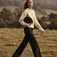 Off White/Green Jacquard Crew Neck Sweater - Woman Wearing Knit Sweater with Ribbed Details - Suzy Shier