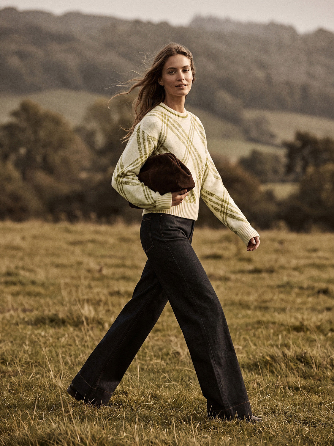Off White/Green Jacquard Crew Neck Sweater - Woman Wearing Knit Sweater with Ribbed Details - Suzy Shier