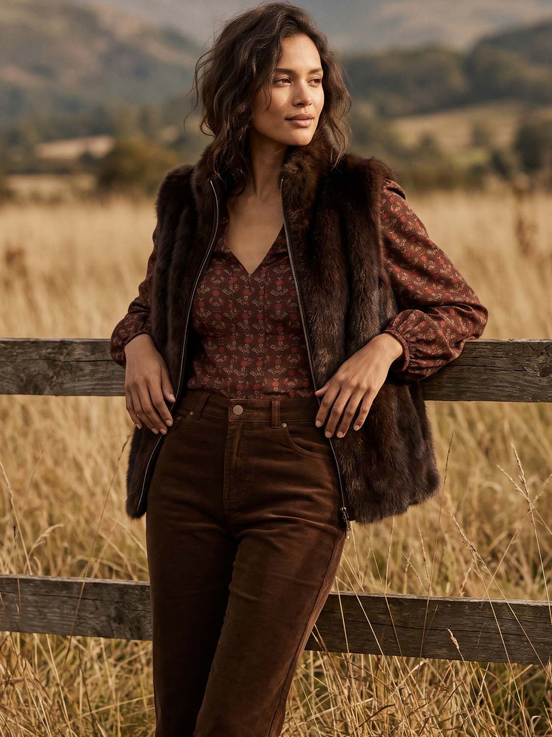 Brown Faux Fur Vest Jacket with Leather Detail - Woman Wearing Lined Faux Fur Vest - Suzy Shier