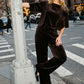 Coffee Bean Knit Velvet Wide-Leg Pull-On Pants - Woman Wearing Relaxed Fit Lounge Pants - Suzy Shier