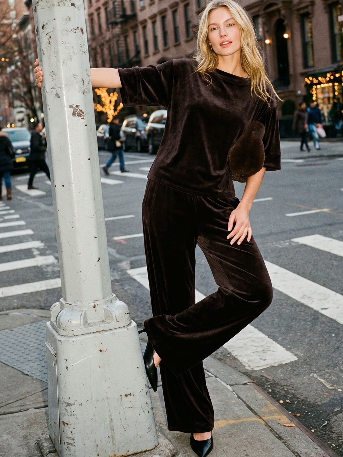 Coffee Bean Knit Velvet Wide-Leg Pull-On Pants - Woman Wearing Relaxed Fit Lounge Pants - Suzy Shier