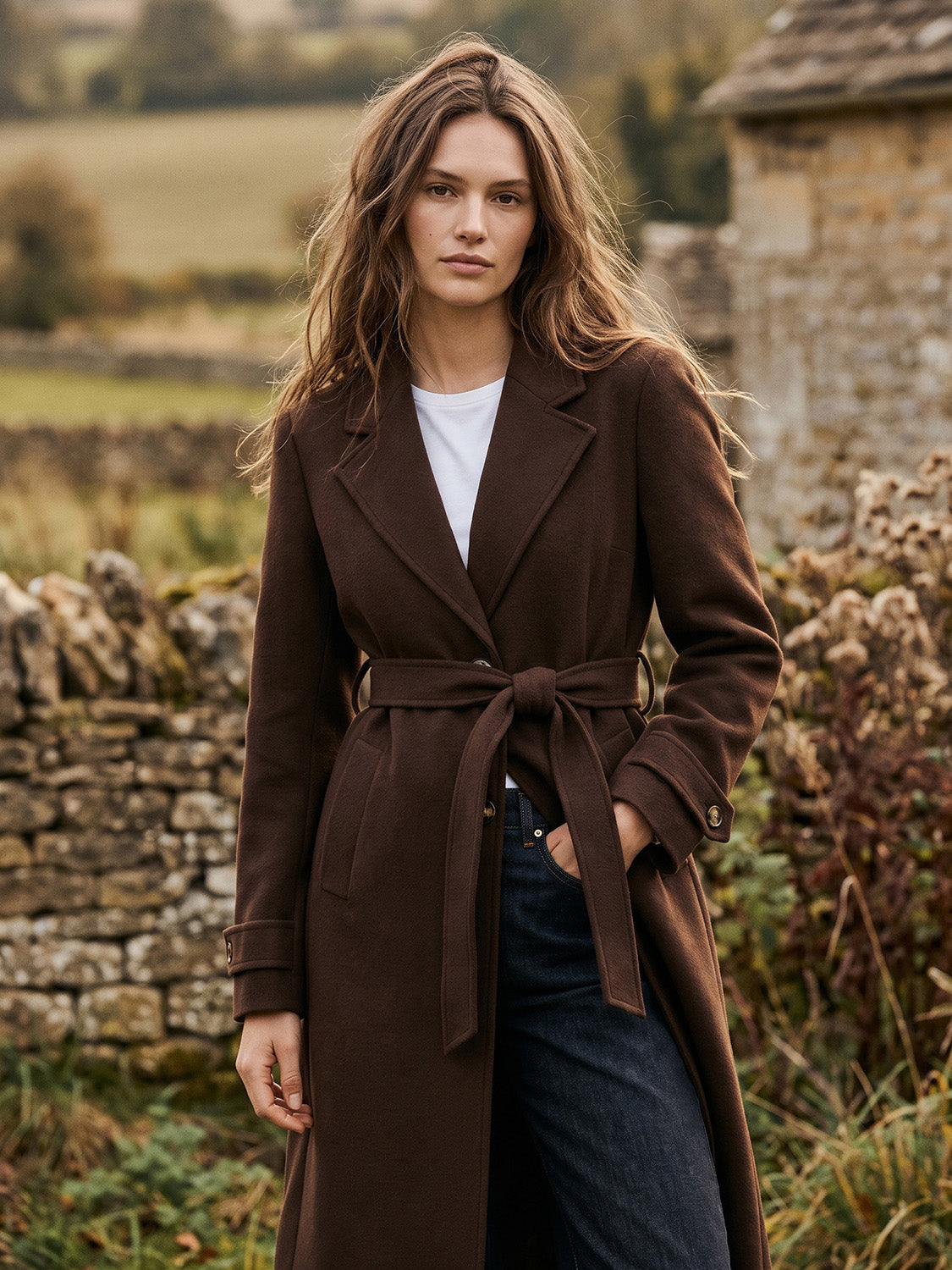 Chicory Coffee Faux Wool Mid-Length Wrap Coat - Full Front View - Suzy Shier