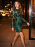 Dark Emerald Mock Neck Mesh Mini Dress - Woman Wearing Floral Sequin Pattern Dress - Le Chateau
