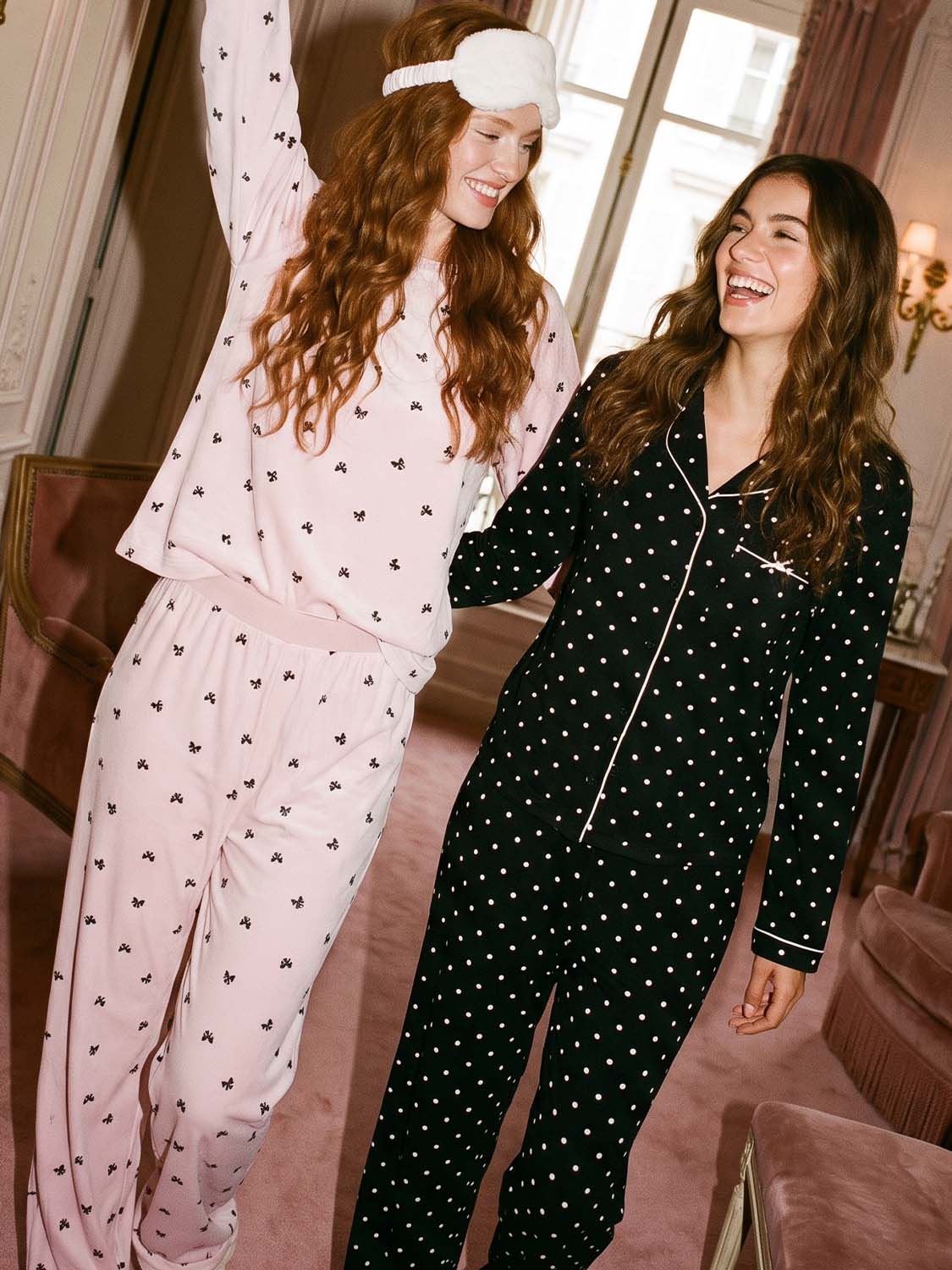 Cloud Gray Velour Bows Print PJ Set - Woman Wearing Cozy Knit Lounge Set - Suzy Shier