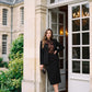 Black Covered Button Pencil Skirt with Slit - Woman Wearing Tailored Office Skirt - Le Chateau