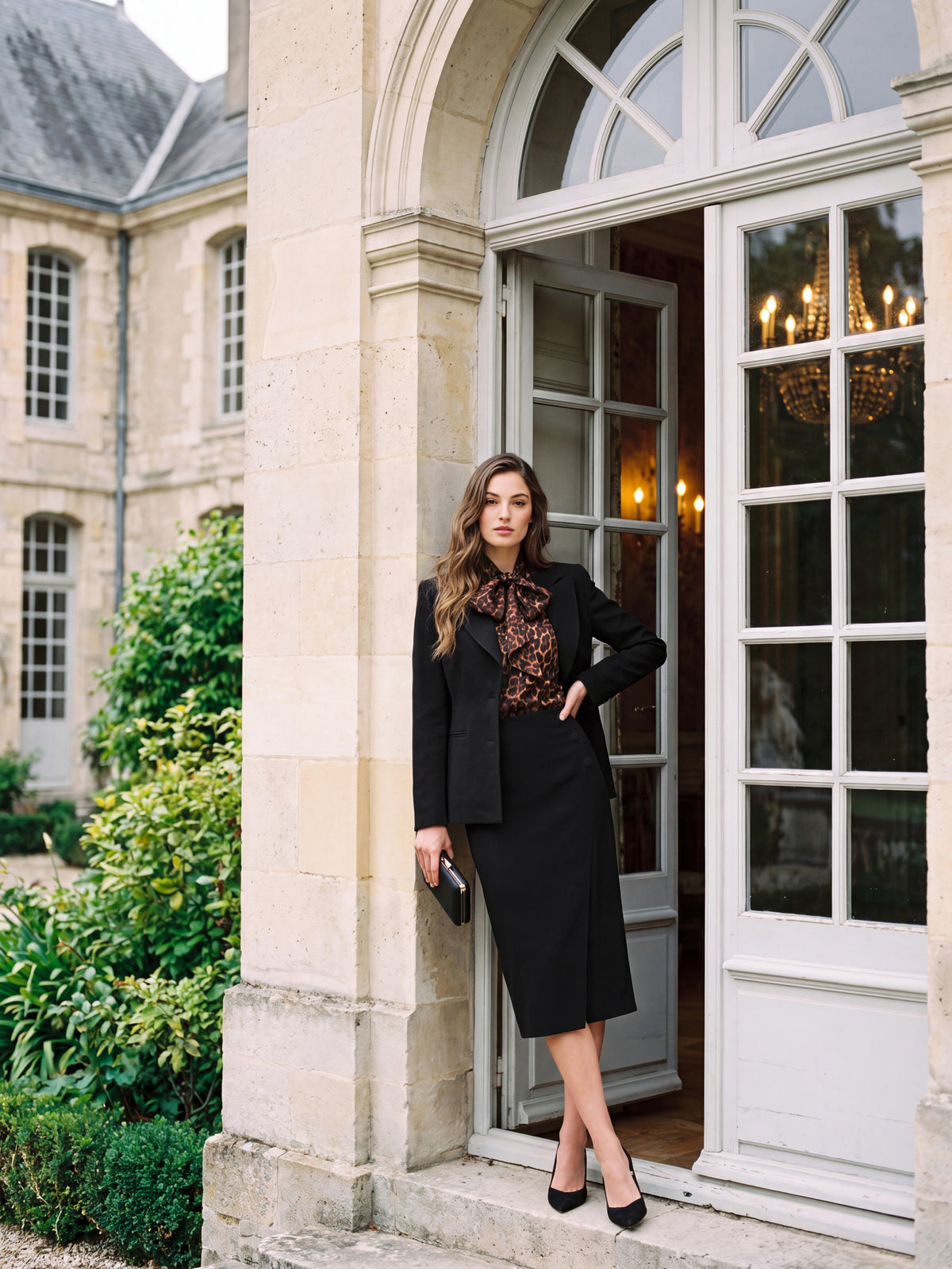 Black Covered Button Pencil Skirt with Slit - Woman Wearing Tailored Office Skirt - Le Chateau