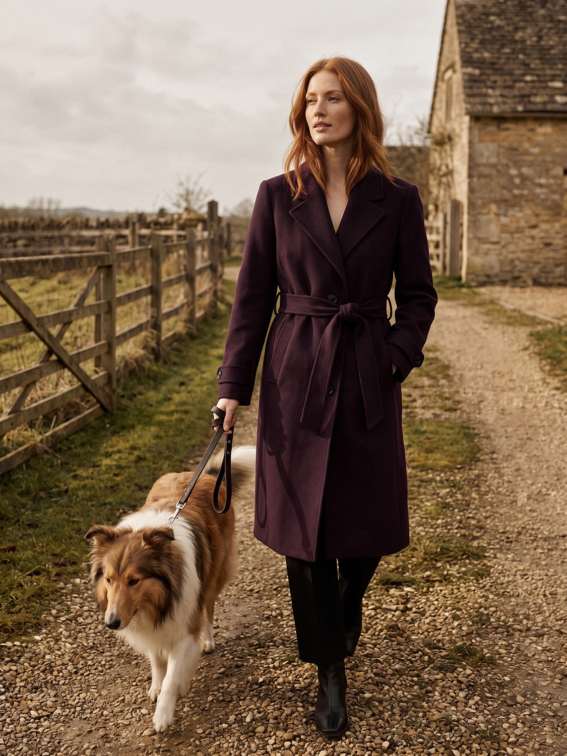 Chicory Coffee Faux Wool Mid-Length Wrap Coat - Full Front View - Suzy Shier
