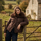 Coffee Bean Short Puffer Jacket with Faux Fur Collar - Woman Wearing Insulated Winter Outerwear - Suzy Shier