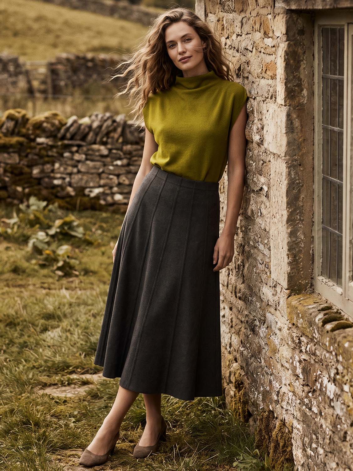 Charcoal Cable Knit Midi Skirt - Woman Wearing Textured Knit Skirt - Suzy Shier