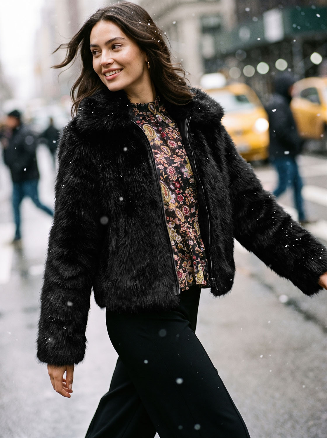 Black Faux Fur Short Jacket with Front Zipper - Woman Wearing Plush Outerwear - Suzy Shier