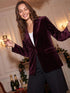 Midnight Plum Velour Blazer with Shawl Collar - Woman Wearing Luxe Knit Blazer - Suzy Shier