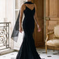 Black Knit Crepe Gown with Chiffon Godet Inserts - Woman Wearing Elegant Evening Dress with Scarf - Le Chateau