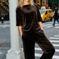 Coffee Bean Boxy Velvet Boat Neck Top - Woman Wearing Relaxed Fit Velvet Top - Suzy Shier