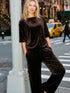 Coffee Bean Boxy Velvet Boat Neck Top - Woman Wearing Relaxed Fit Velvet Top - Suzy Shier