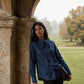 Dark Denim Wash Blouse with Removable Neck Tie - Woman Wearing Button Front Shirt - Suzy Shier