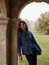 Dark Denim Wash Blouse with Removable Neck Tie - Woman Wearing Button Front Shirt - Suzy Shier