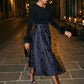Sapphire/Black Baroque Jacquard Flared Skirt - Woman Wearing Elegant Midi Skirt with Pockets - Le Chateau