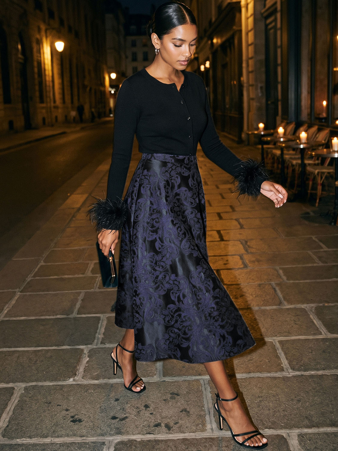Sapphire/Black Baroque Jacquard Flared Skirt - Woman Wearing Elegant Midi Skirt with Pockets - Le Chateau
