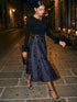 Sapphire/Black Baroque Jacquard Flared Skirt - Woman Wearing Elegant Midi Skirt with Pockets - Le Chateau