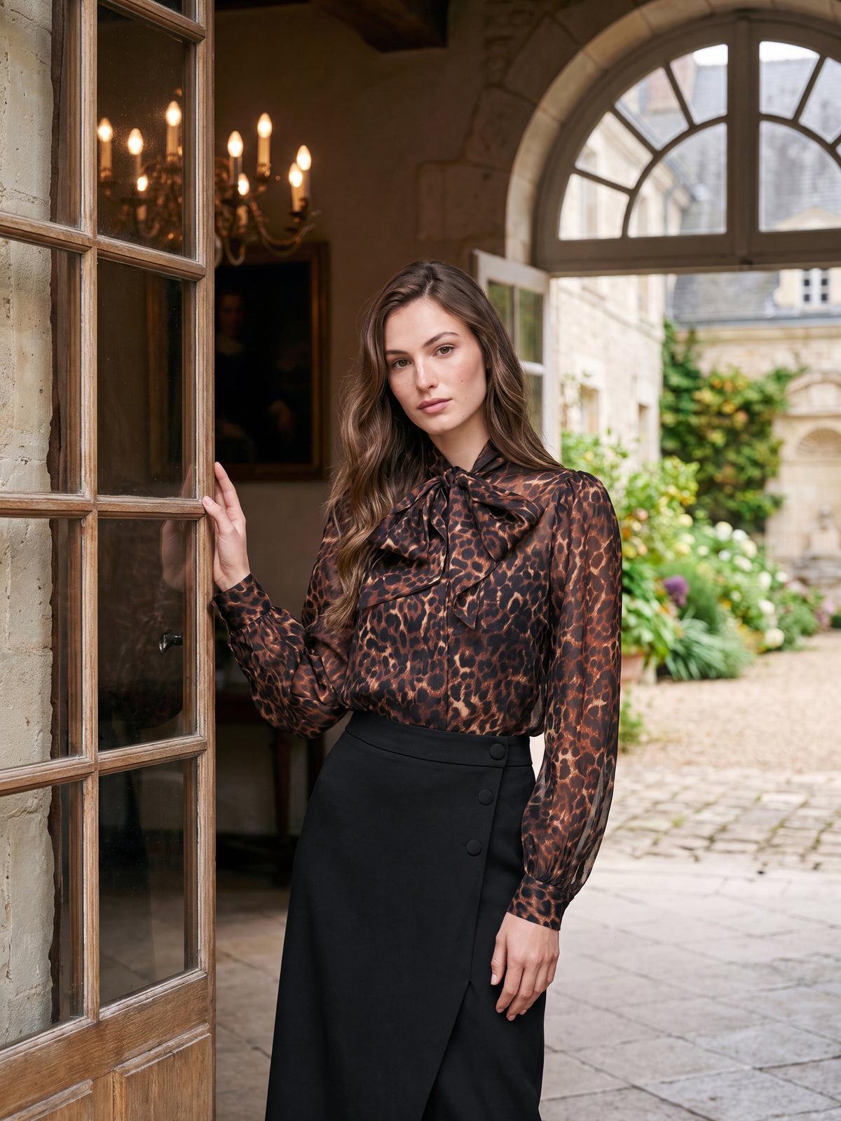 Leopard Print Organza Tie Neck Blouse - Woman Wearing Sheer Animal Print Top - Le Chateau
