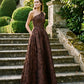 Mocha One-Shoulder Jacquard Floral Gown - Full Front View - Le Chateau