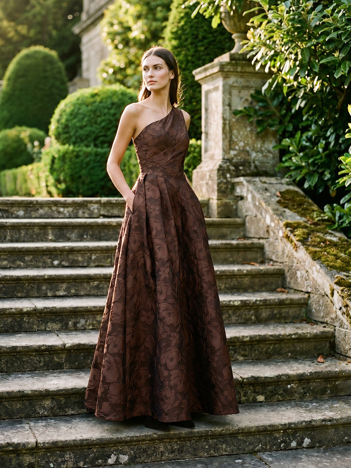 Mocha One-Shoulder Jacquard Floral Gown - Full Front View - Le Chateau