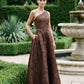 Mocha One-Shoulder Jacquard Floral Gown - Full Front View - Le Chateau