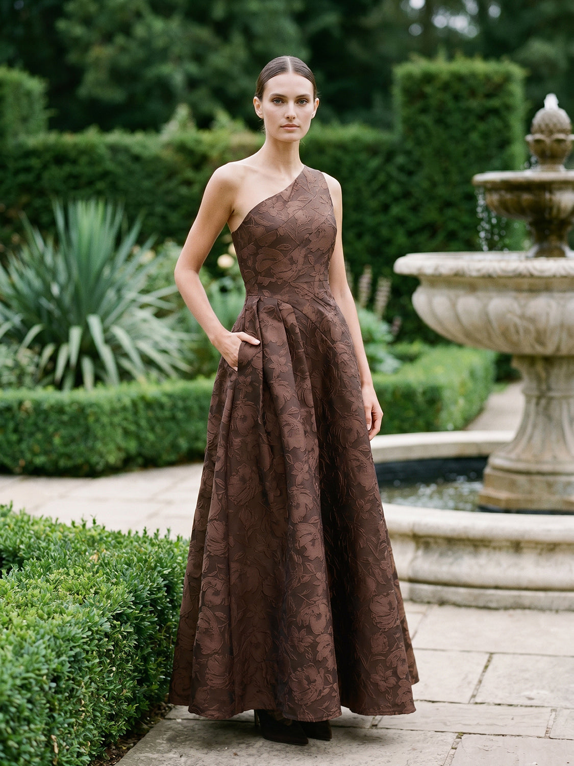 Mocha One-Shoulder Jacquard Floral Gown - Full Front View - Le Chateau
