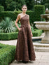 Mocha One-Shoulder Jacquard Floral Gown - Full Front View - Le Chateau