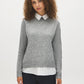 Grey Mix Twofer Knit Sweater with Poplin Collar - Woman Wearing Layered Look Sweater - Suzy Shier