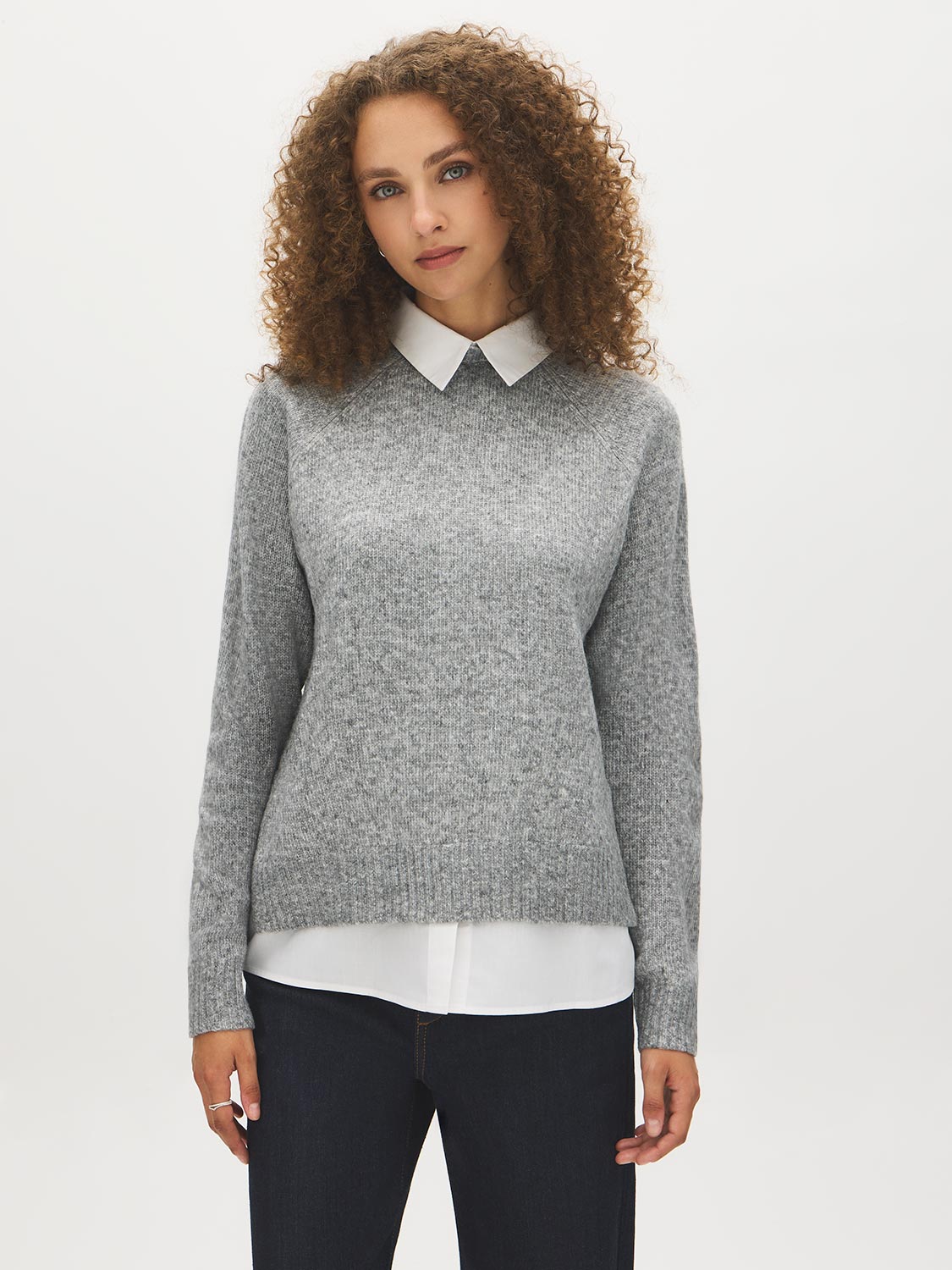Grey Mix Twofer Knit Sweater with Poplin Collar - Woman Wearing Layered Look Sweater - Suzy Shier