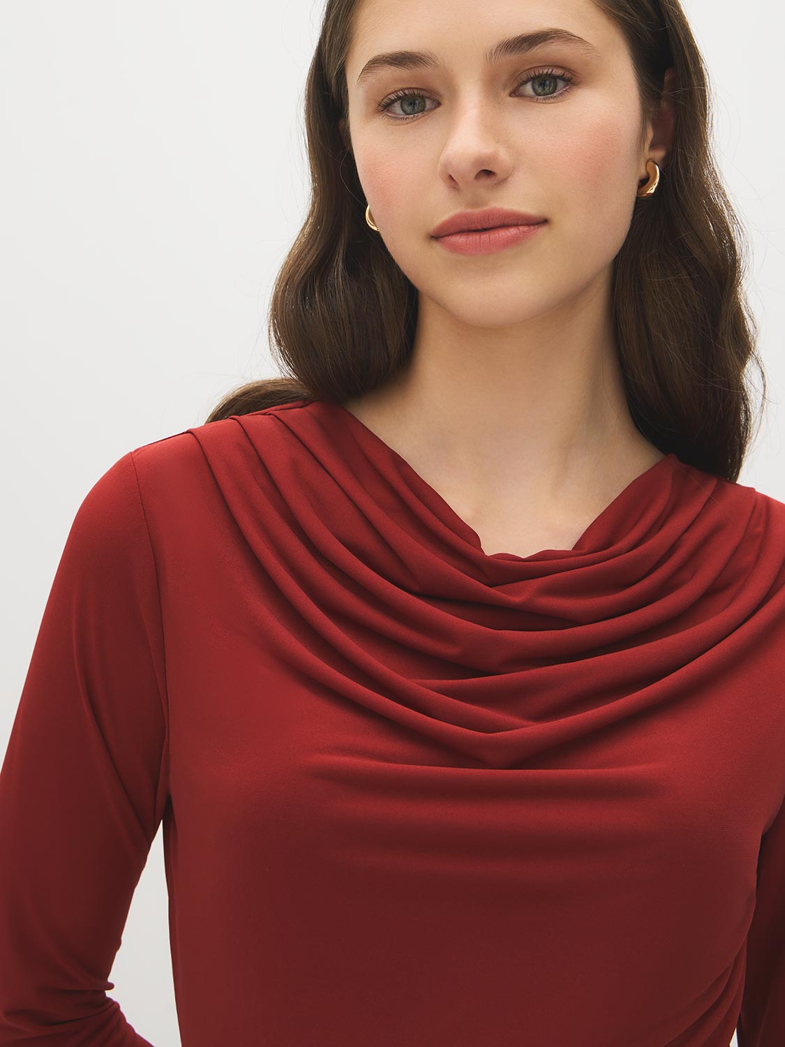 Rosewood Mesh Long Sleeve Cowl Neck Top - Cowl Neck Detail - Suzy Shier