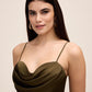 Khaki Satin Fit & Flare Dress with Cowl Neck - Woman Wearing Cocktail-Length Evening Dress - Le Chateau