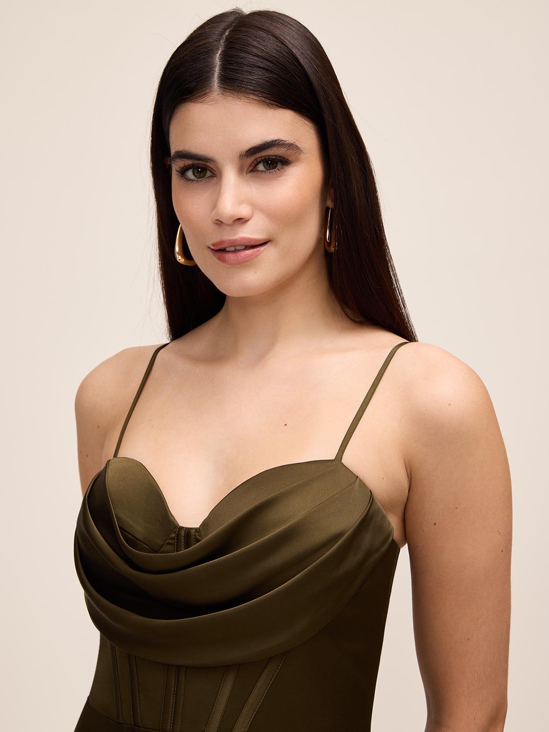 Khaki Satin Fit & Flare Dress with Cowl Neck - Woman Wearing Cocktail-Length Evening Dress - Le Chateau