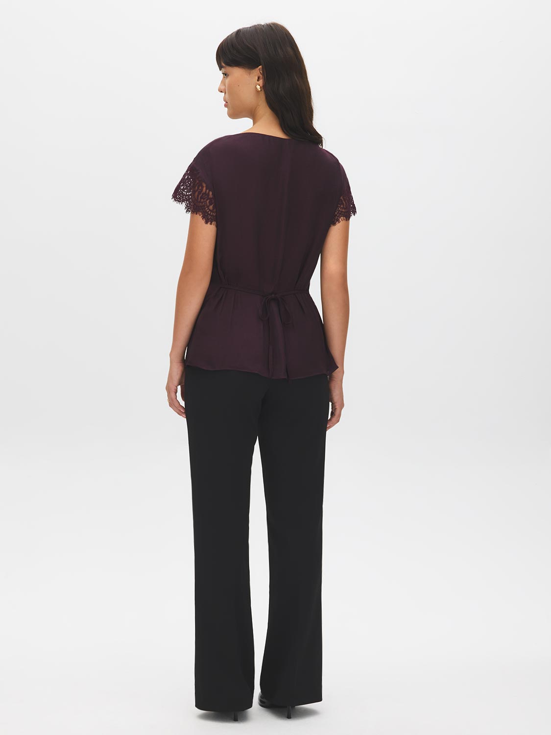 Midnight Plum Boat Neck Popover Top with Lace Trim - Back View - Suzy Shier