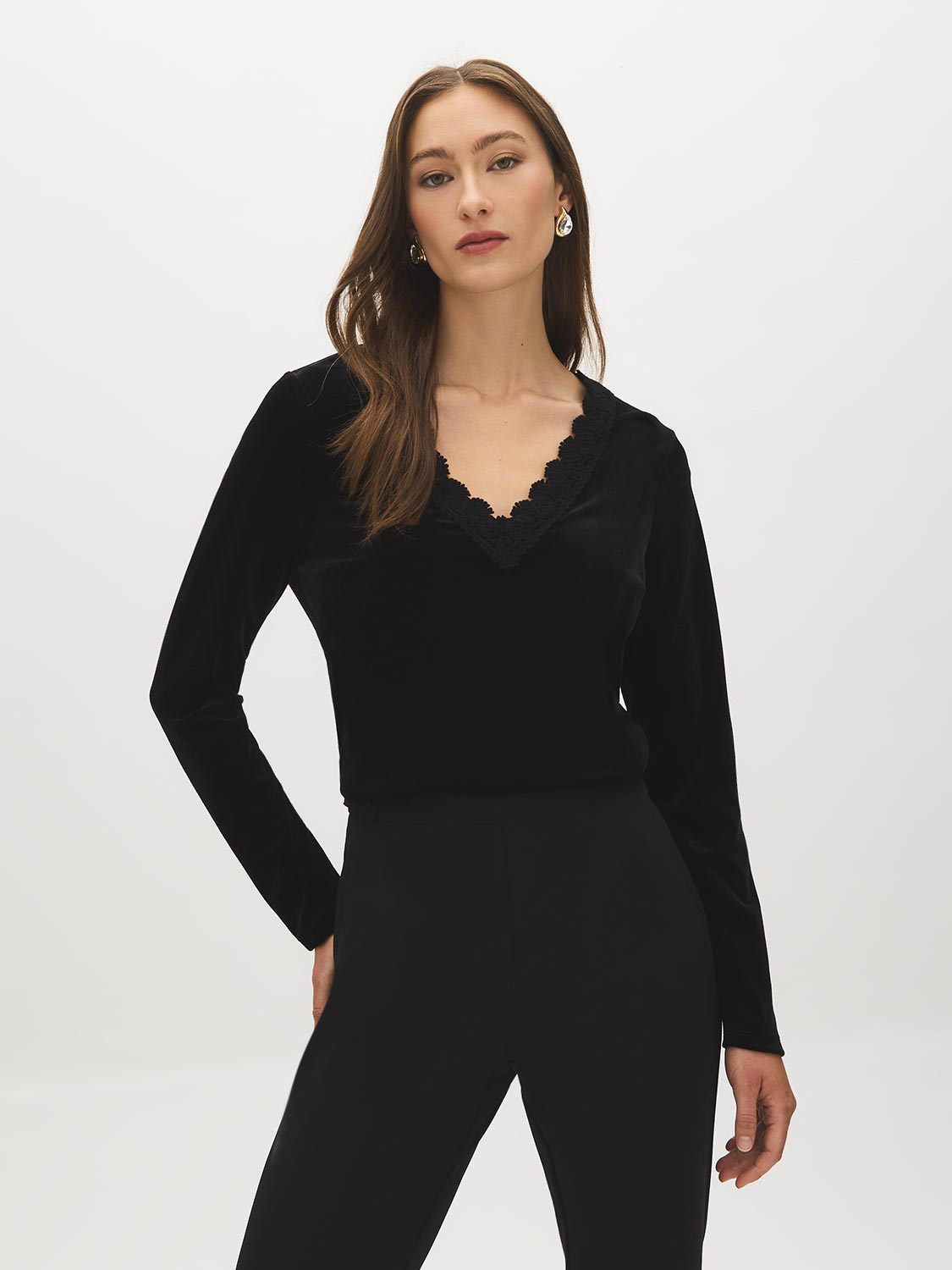Black Velvet Top with Crochet V-Neck - Woman Wearing Long Sleeve Elegant Top - Suzy Shier