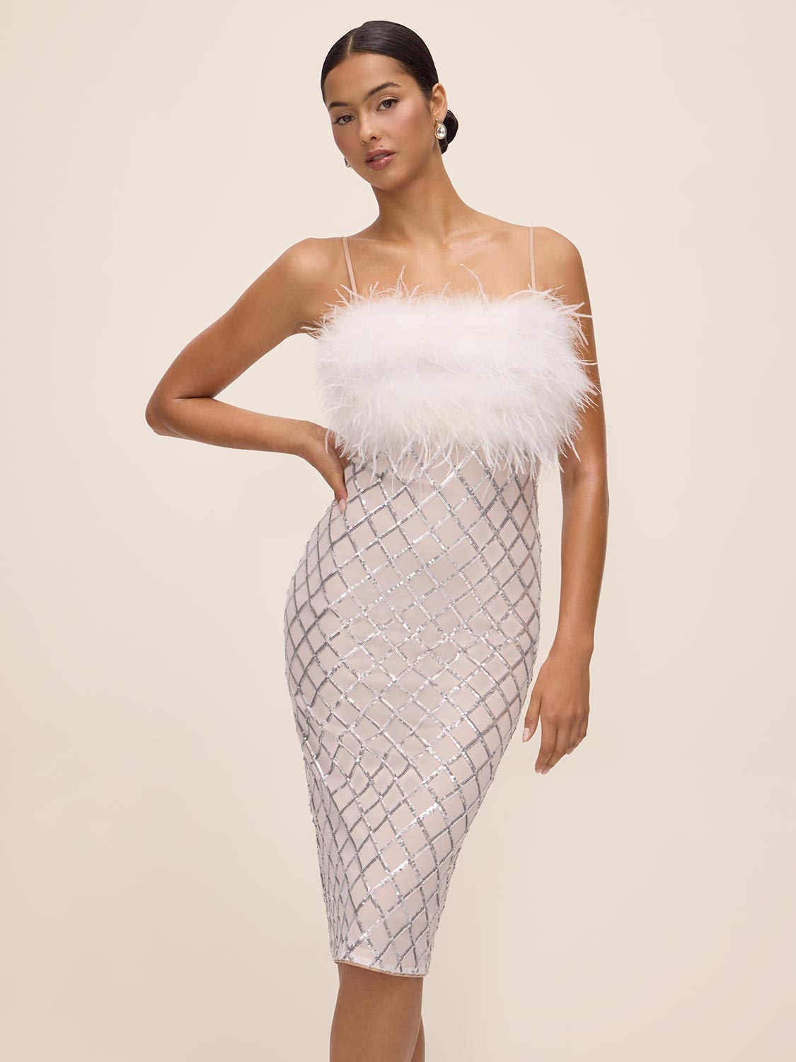 Silver/Antique Cream Sequin Mesh Midi Dress - Front View - Le Chateau