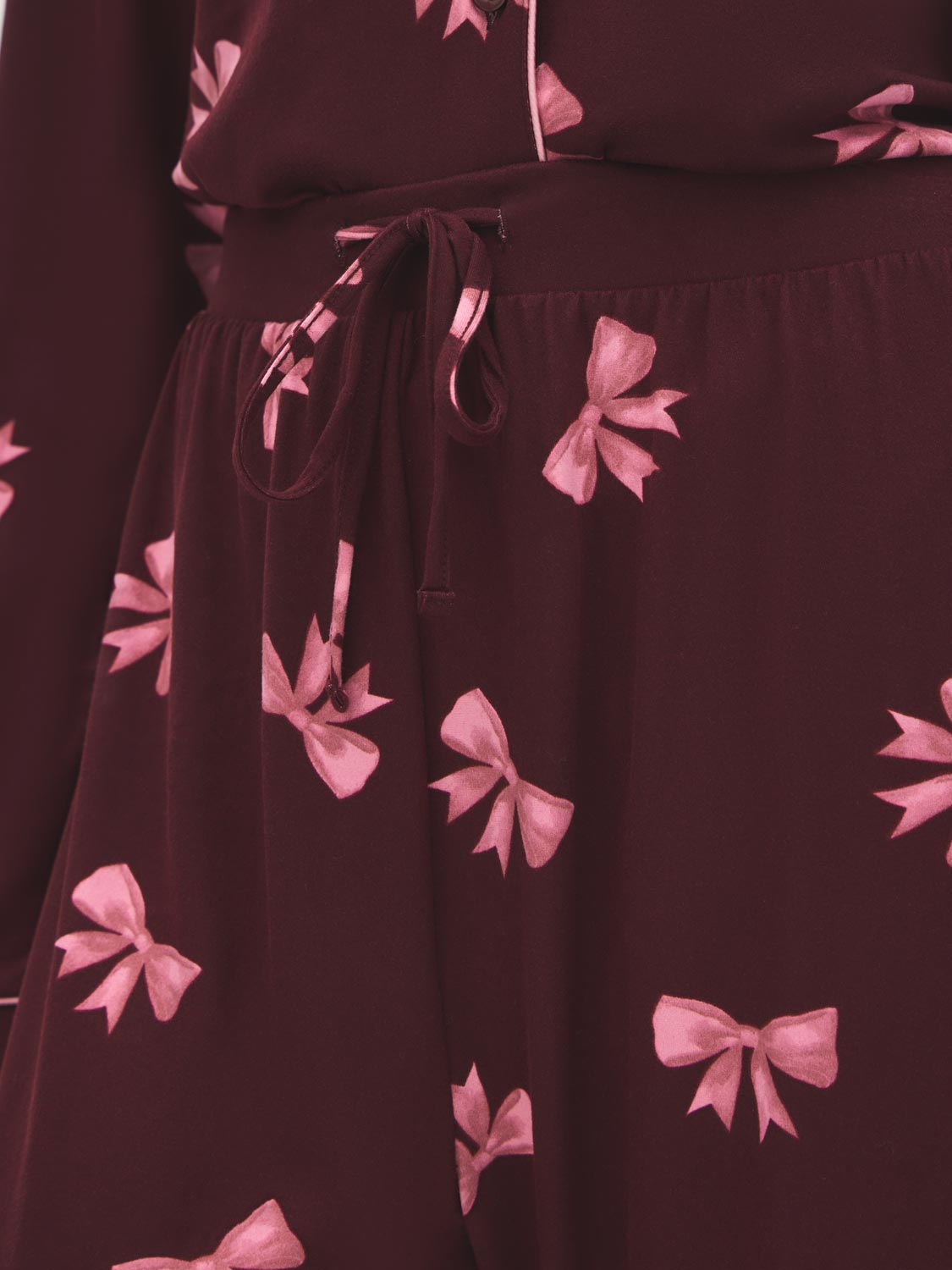 Burgundy Bows Print Pajama Set - Close-up Waist Detail - Suzy Shier