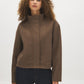 Brown Melange Faux Wool Short Funnel Neck Jacket - Woman Wearing Tailored Funnel Neck Outerwear - Suzy Shier