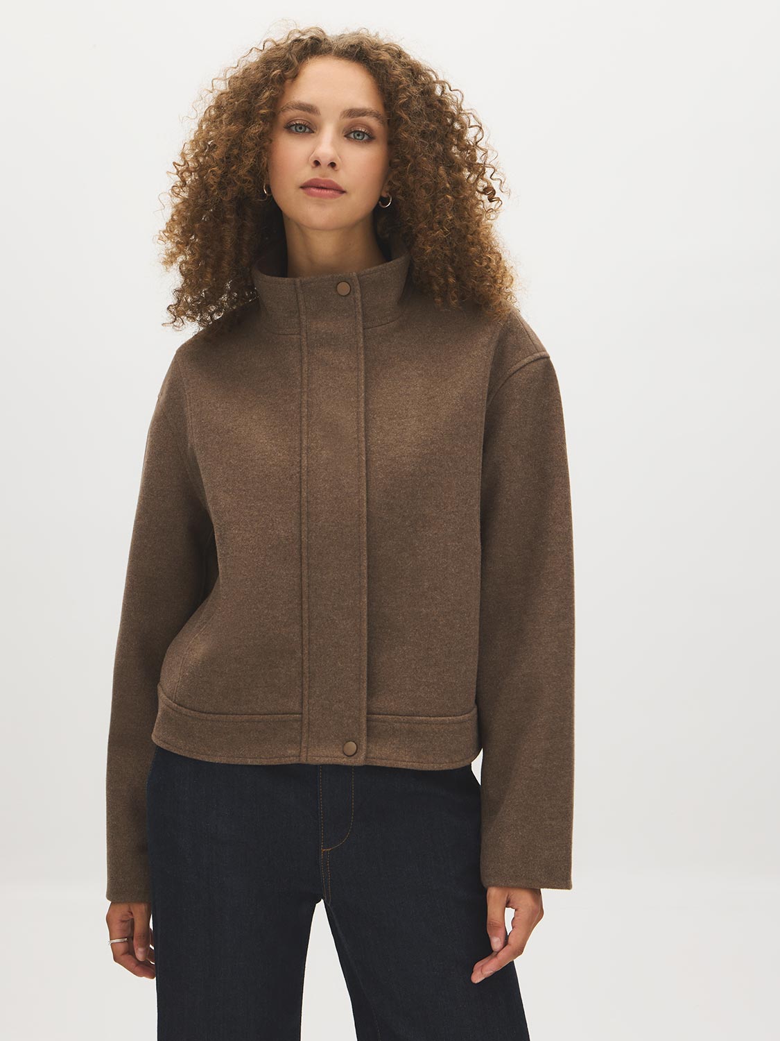 Brown Melange Faux Wool Short Funnel Neck Jacket - Woman Wearing Tailored Funnel Neck Outerwear - Suzy Shier